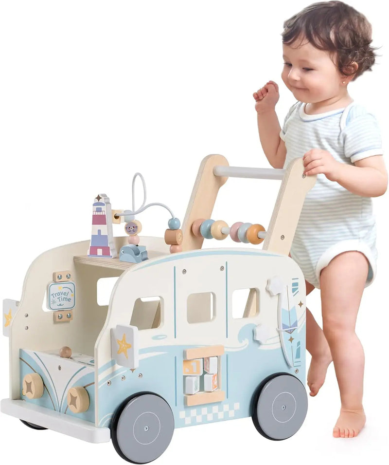Wooden Baby Walker Baby Push Along Activity Walkers with Wheels Multifunctional