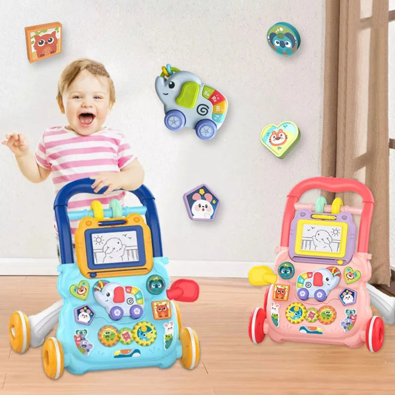 Music Baby Walker with Drawing Board Standing Toddler Trolley Walking Practice AntiRollover