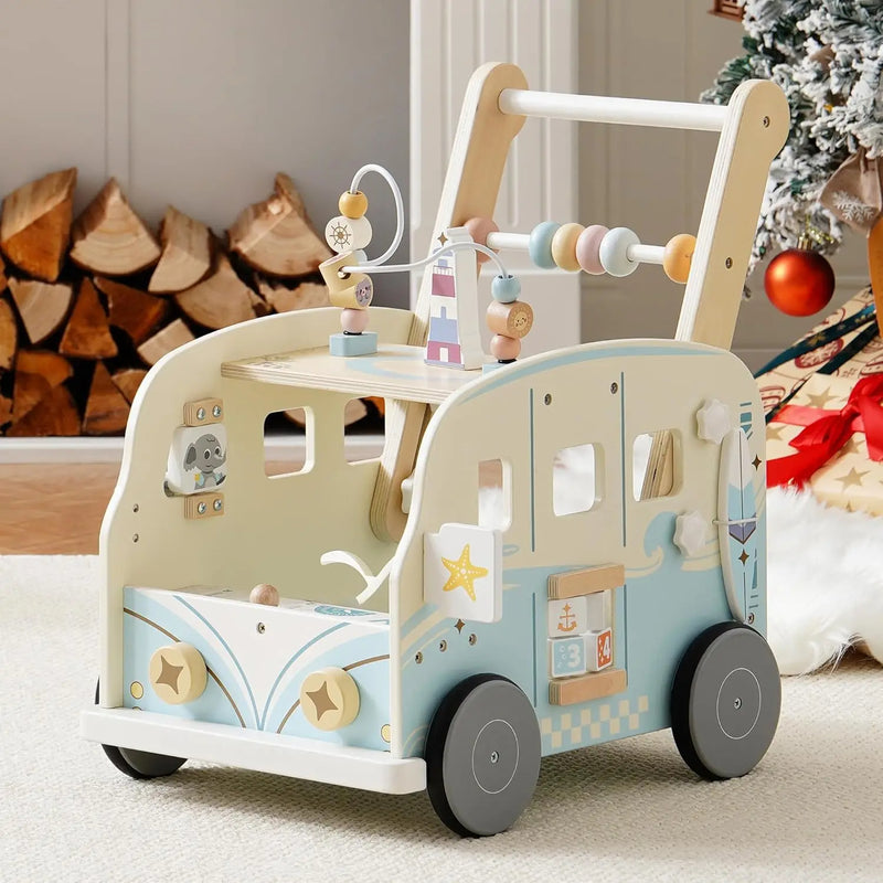Wooden Baby Walker Baby Push Along Activity Walkers with Wheels Multifunctional