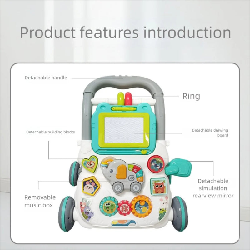 Music Baby Walker with Drawing Board Standing Toddler Trolley Walking Practice AntiRollover