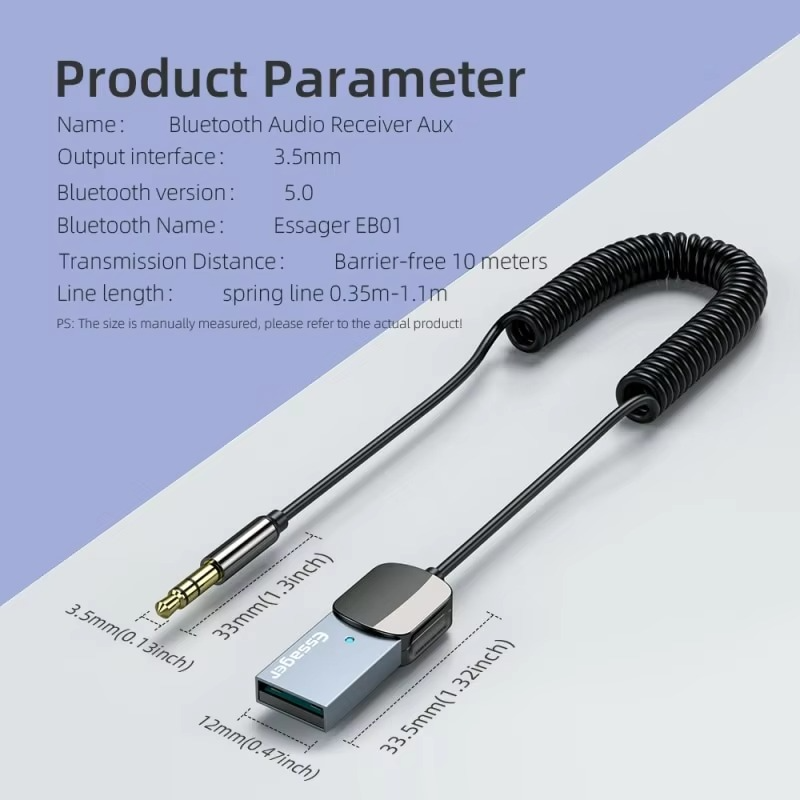 Essager Bluetooth Audio Receiver Dongle USB To 3.5mm Jack Car Audio Aux Bluetooth 5.0 Handsfree